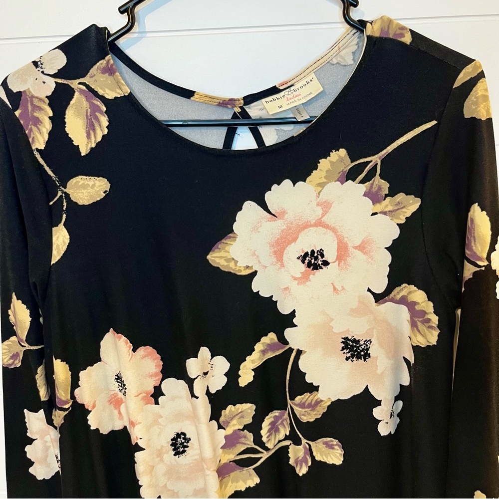 Bobbie Brooks Black Dress with Floral Accents Size M Classic Soft Boho Feminine - Picture 3 of 11
